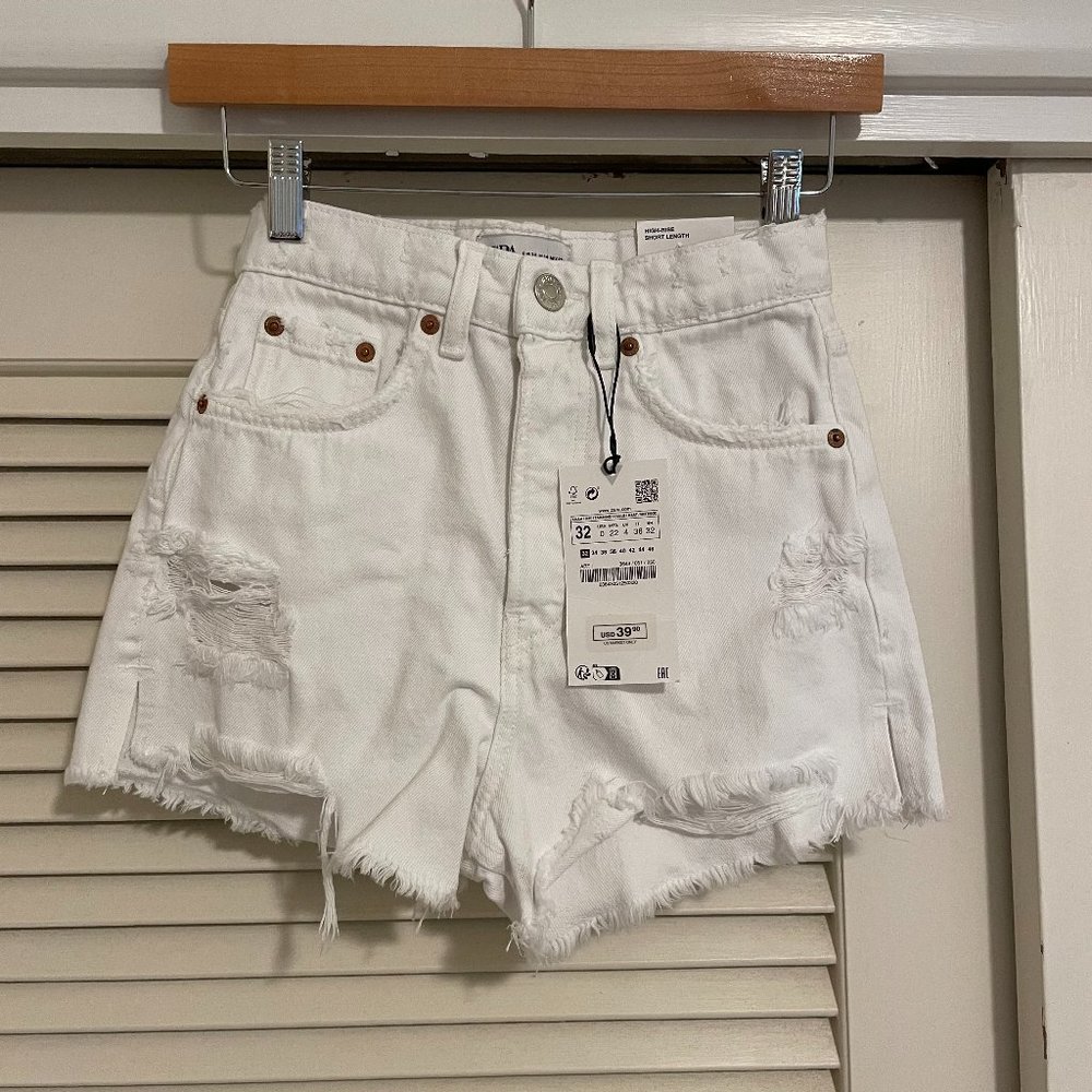 Zara TRF High Rise White Denim Shorts